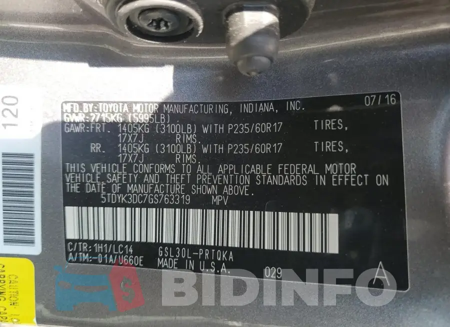 5TDYK3DC7GS763319 Photo# 13