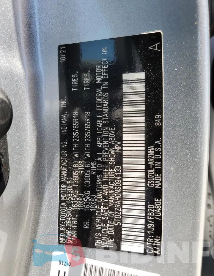 5TDZZRAH0NS094133 Photo# 13
