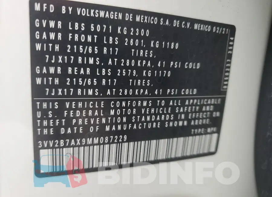 3VV2B7AX9MM087229 Photo# 13