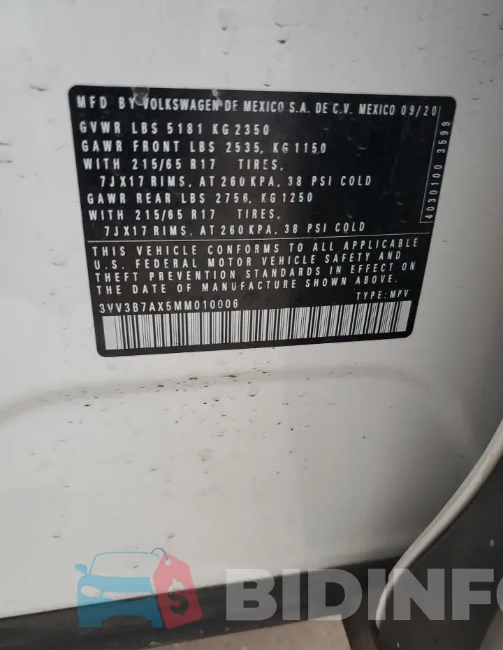 3VV3B7AX5MM010006 Photo# 13