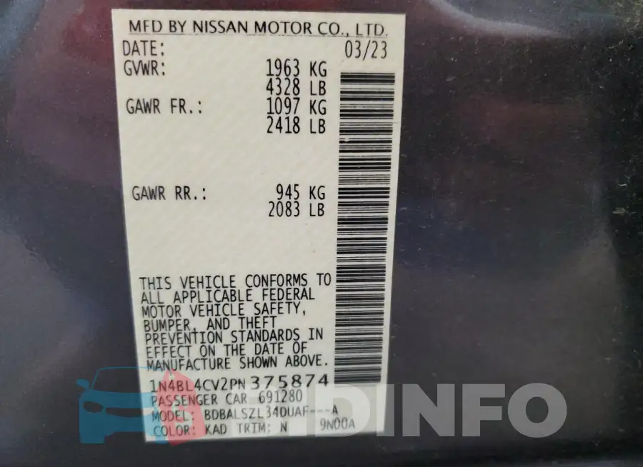 1N4BL4CV2PN375874 Photo# 13