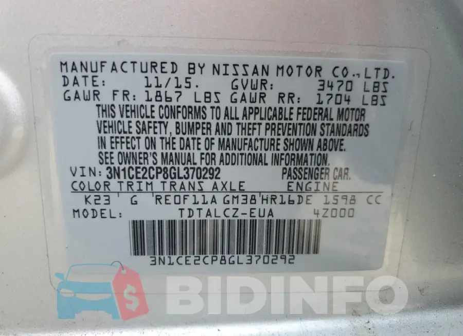 3N1CE2CP8GL370292 Photo# 12