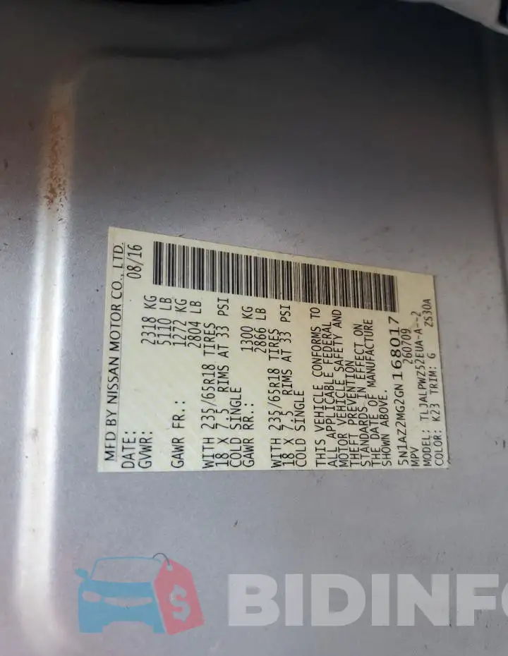 5N1AZ2MG2GN168017 Photo# 12