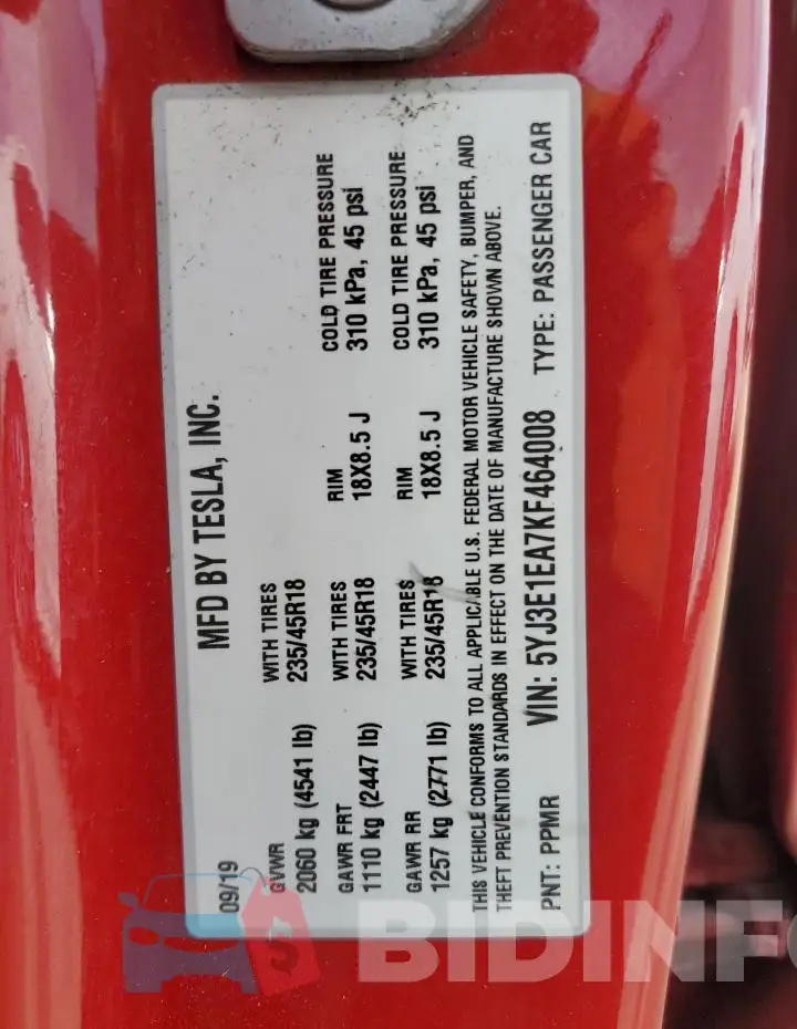 5YJ3E1EA7KF464008 Photo# 12