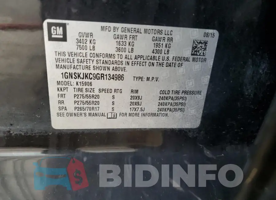 1GNSKJKC9GR134986 Photo# 13