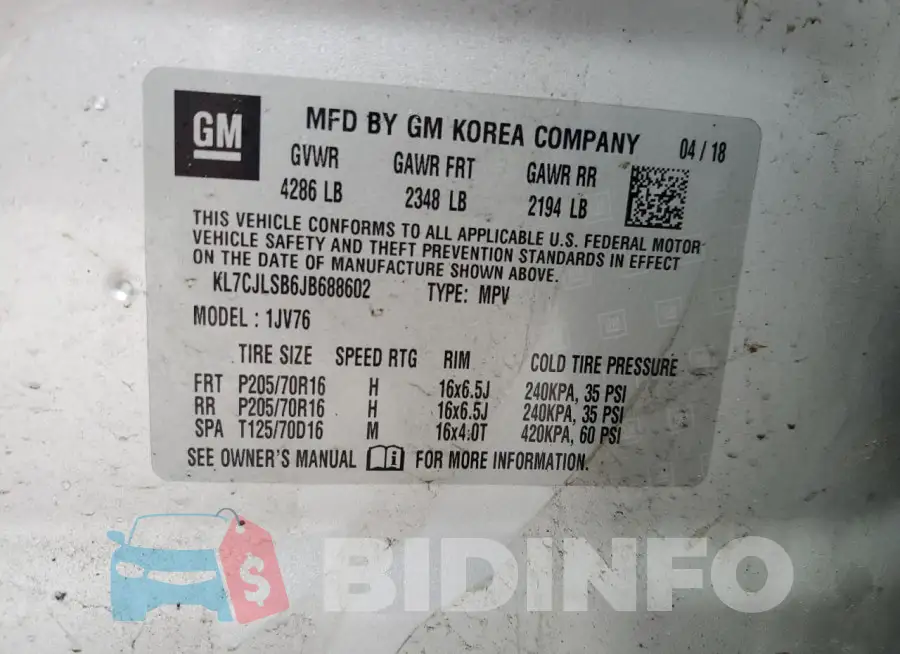 KL7CJLSB6JB688602 Photo# 14