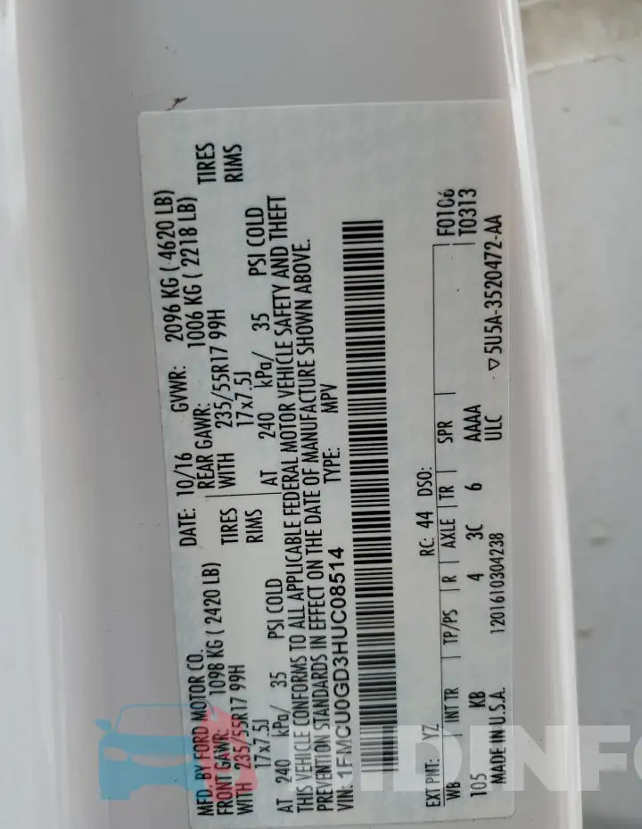 1FMCU0GD3HUC08514 Photo# 13