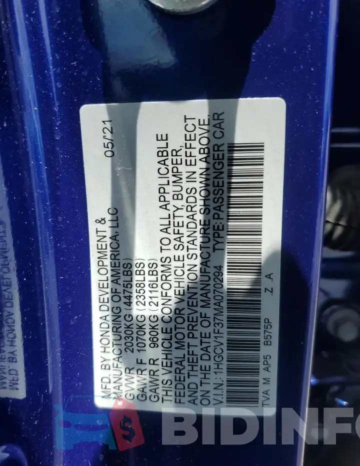 1HGCV1F37MA070294 Photo# 12