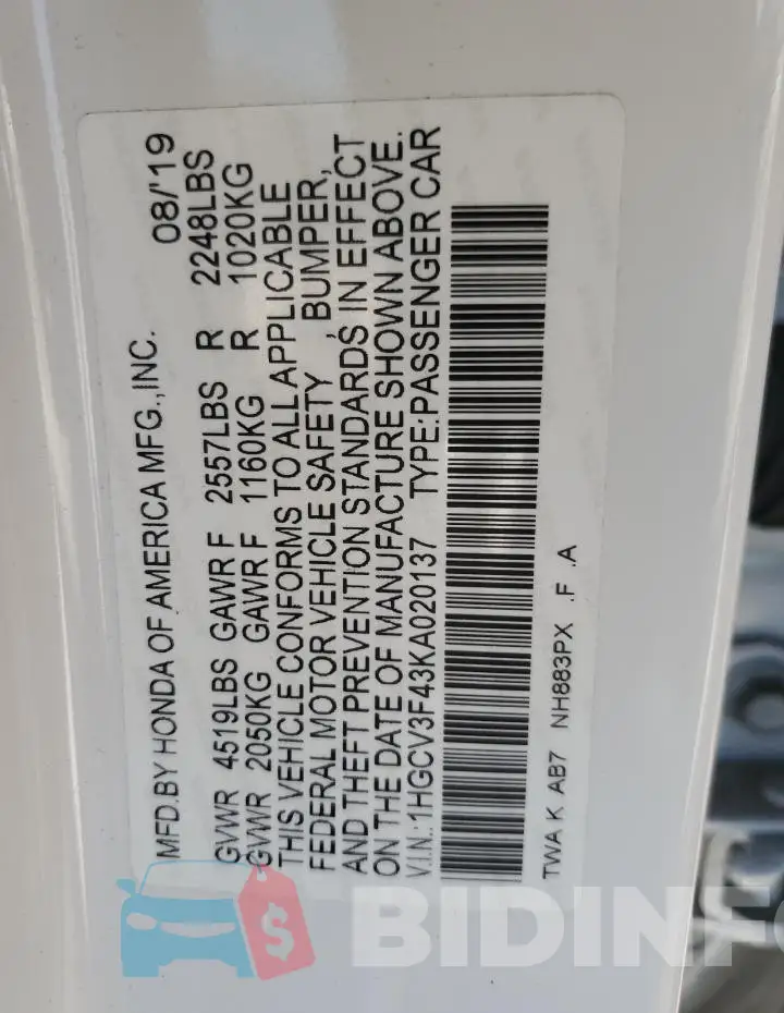1HGCV3F43KA020137 Photo# 12
