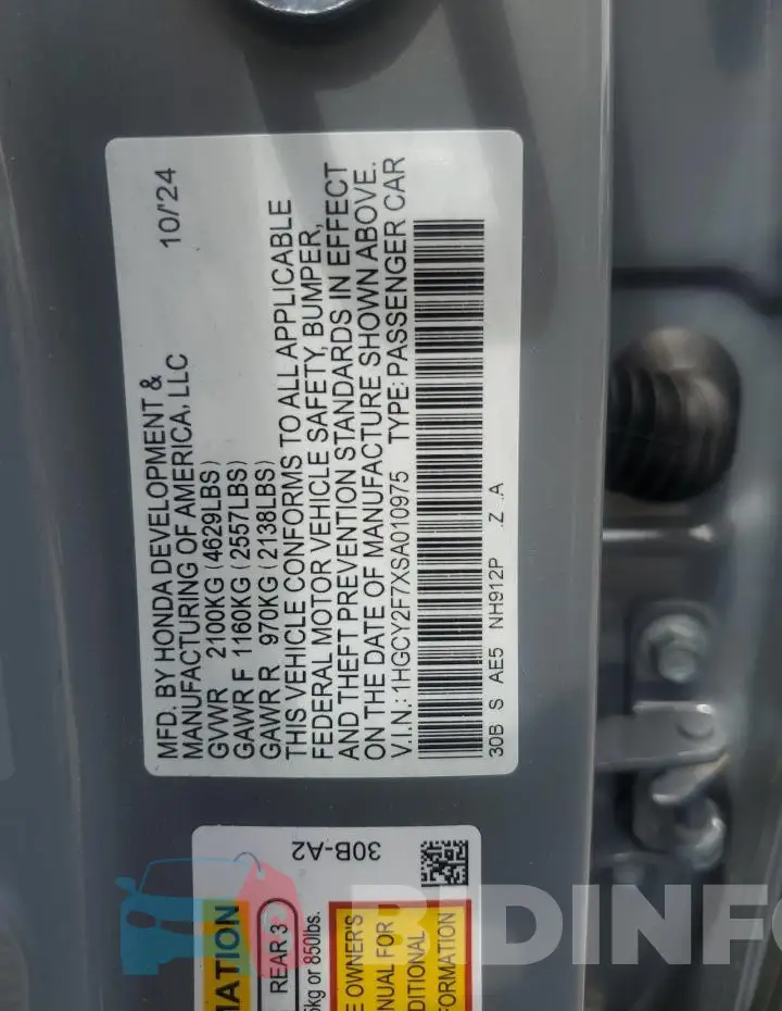 1HGCY2F7XSA010975 Photo# 13