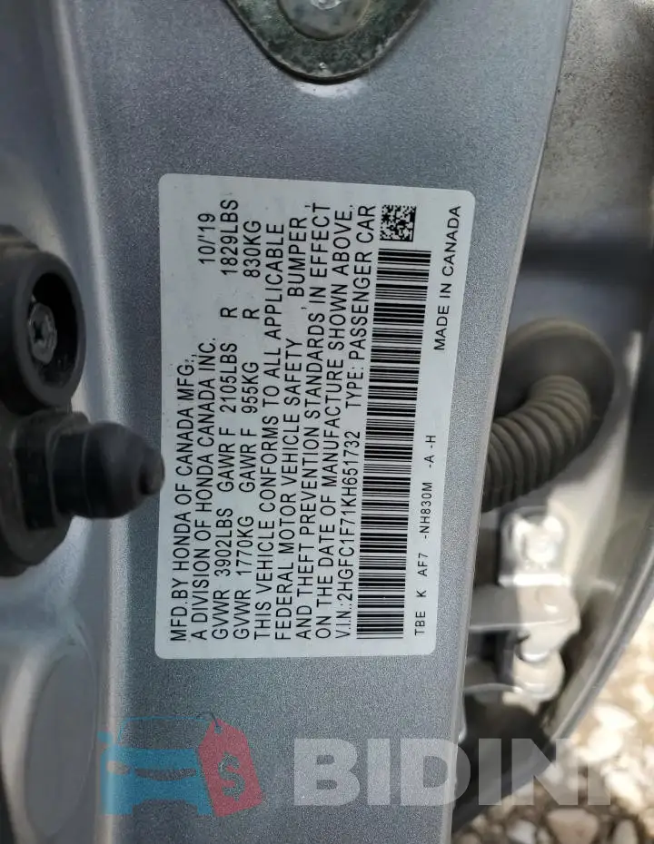 2HGFC1F71KH651732 Photo# 12