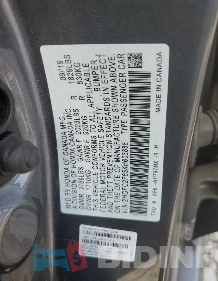 2HGFC2F65KH603888 Photo# 10