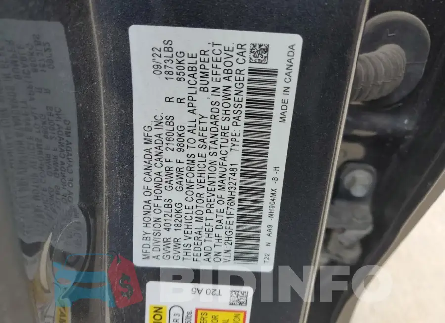 2HGFE1F76NH327481 Photo# 12