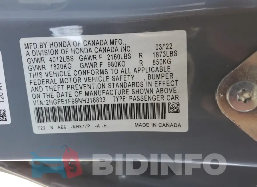 2HGFE1F99NH316833 Photo# 13