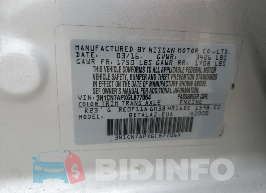 3N1CN7APXGL877064 Photo# 12