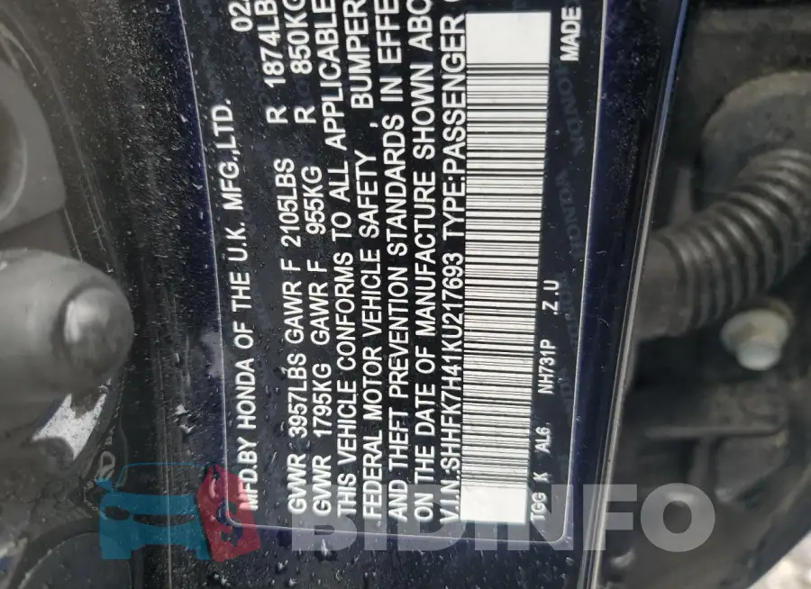 SHHFK7H41KU217693 Photo# 12