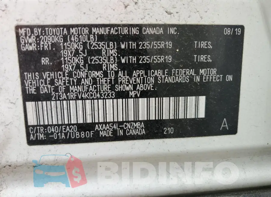 2T3A1RFV4KC043233 Photo# 13