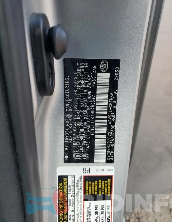4T1BF1FK1HU289542 Photo# 12