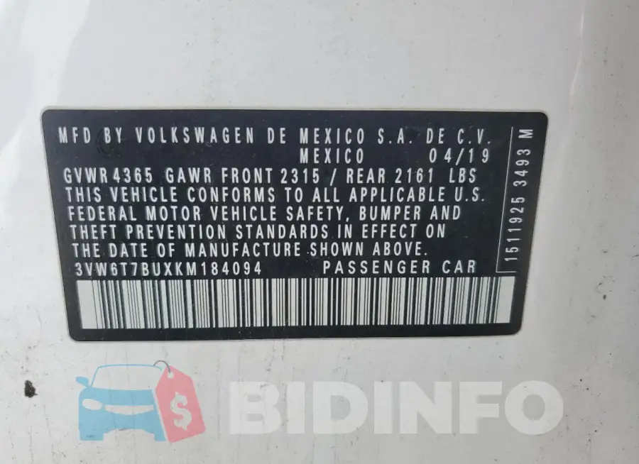 3VW6T7BUXKM184094 Photo# 12