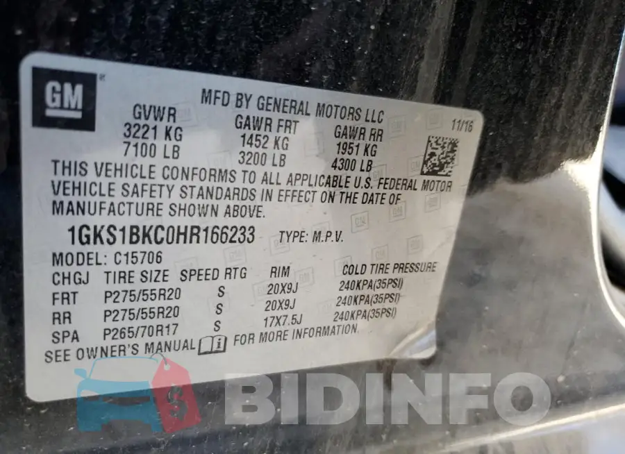 1GKS1BKC0HR166233 Photo# 13