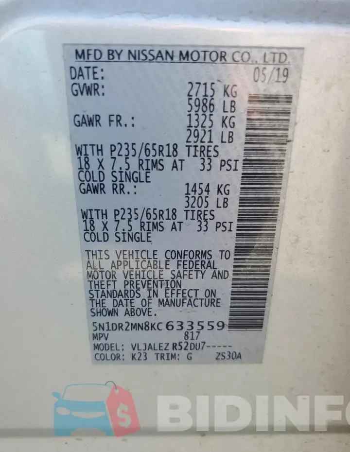 5N1DR2MN8KC633559 Photo# 13