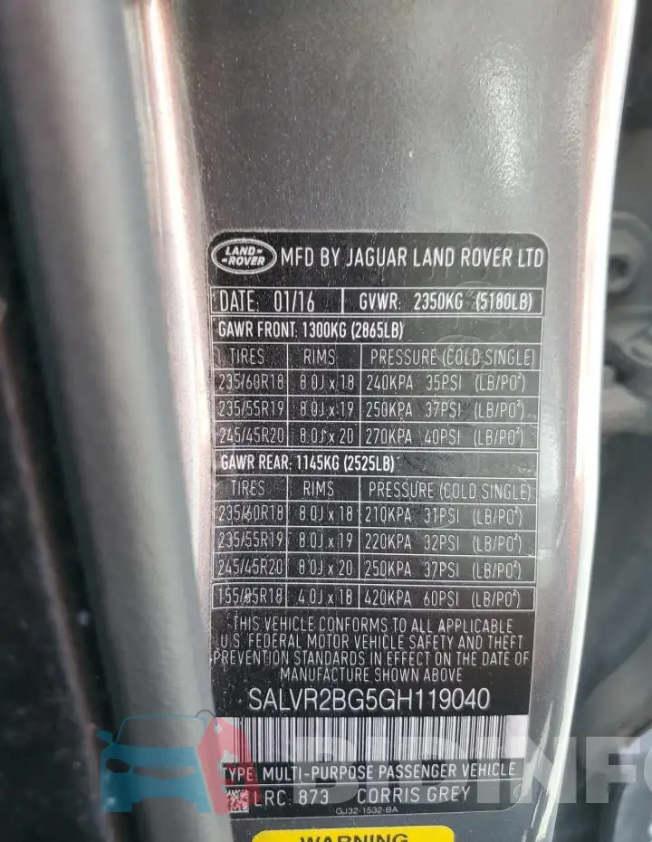 SALVR2BG5GH119040 Photo# 12