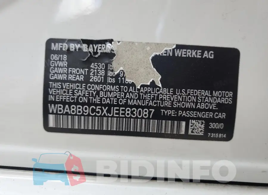 WBA8B9C5XJEE83087 Photo# 12