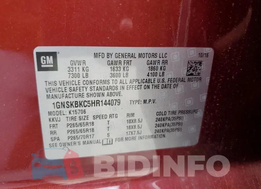 1GNSKBKC5HR144079 Photo# 13