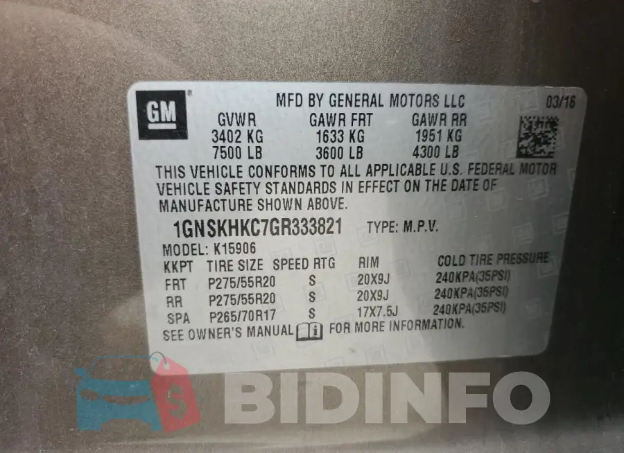 1GNSKHKC7GR333821 Photo# 13
