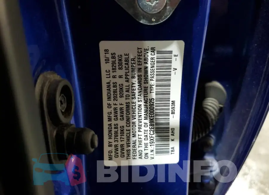 19XFC2E89KE000925 Photo# 12