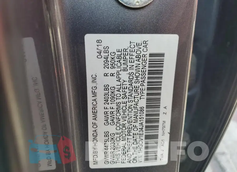 1HGCV1E34JA151086 Photo# 12