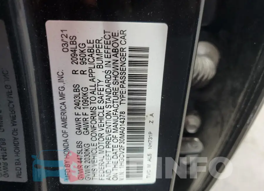 1HGCV2F30MA014378 Photo# 12