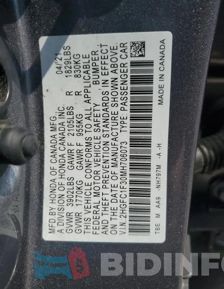2HGFC1F30MH706073 Photo# 13