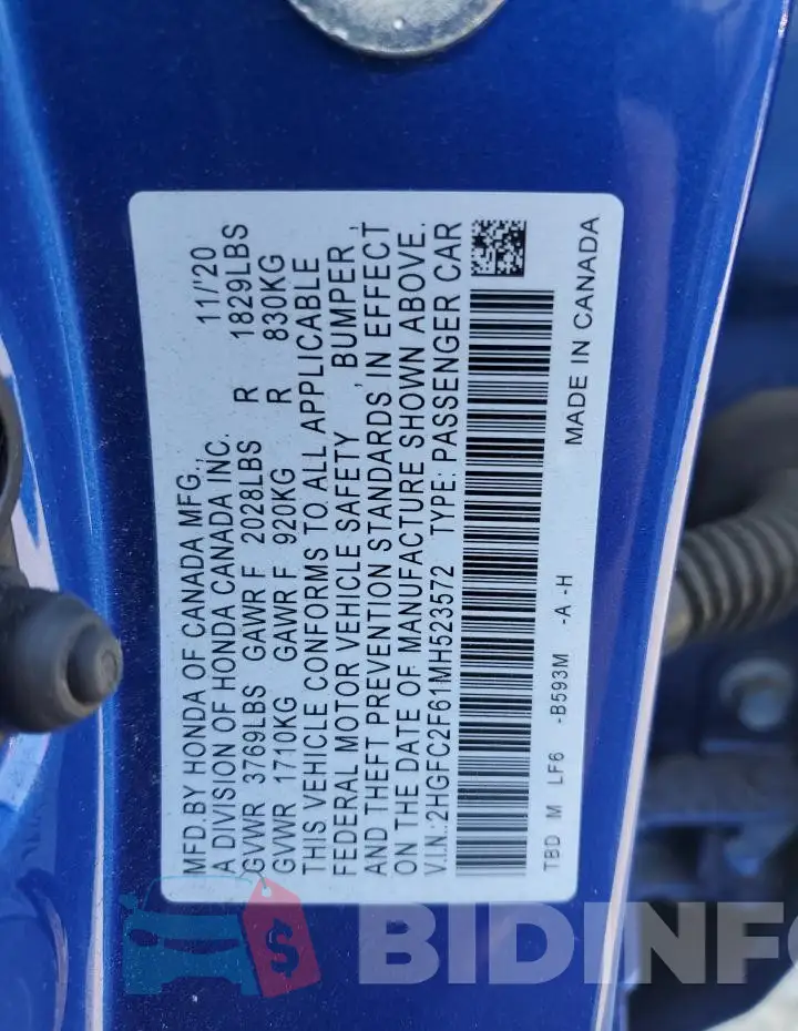 2HGFC2F61MH523572 Photo# 13