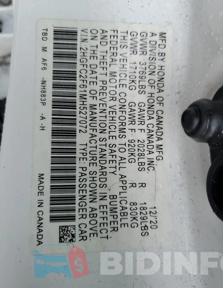 2HGFC2F61MH527072 Photo# 13
