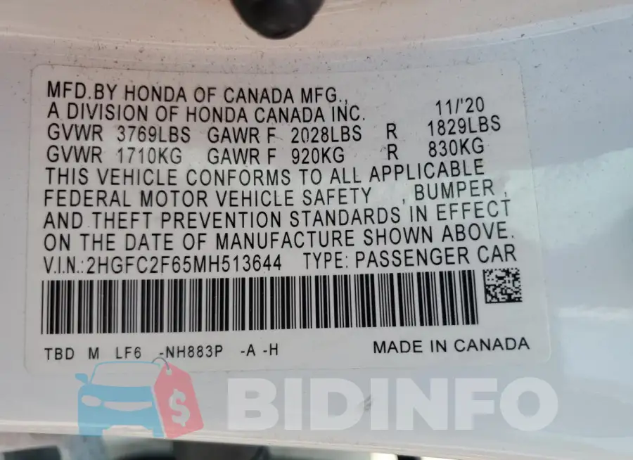 2HGFC2F65MH513644 Photo# 12