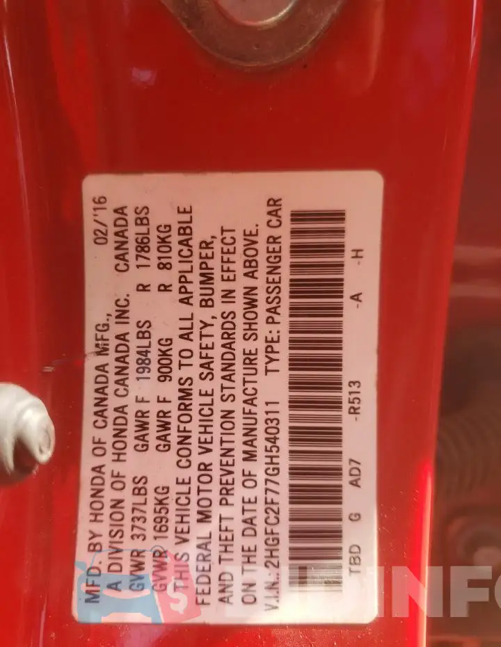 2HGFC2F77GH540311 Photo# 12