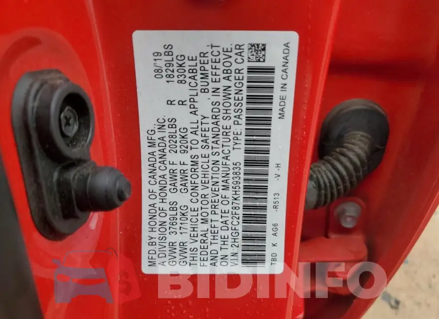 2HGFC2F87KH593835 Photo# 12