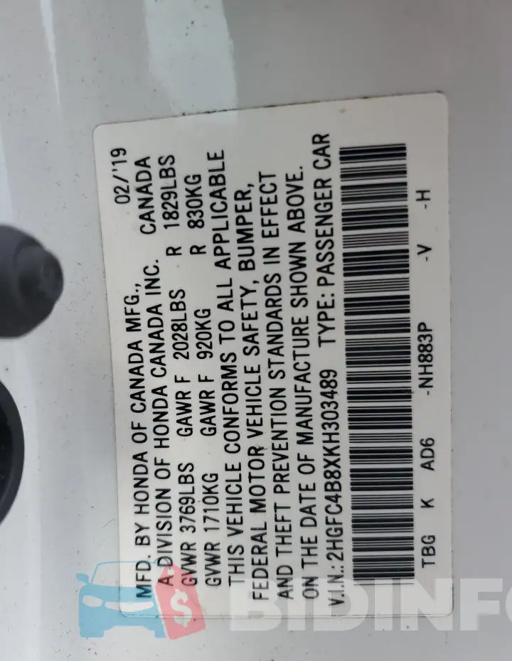 2HGFC4B8XKH303489 Photo# 12