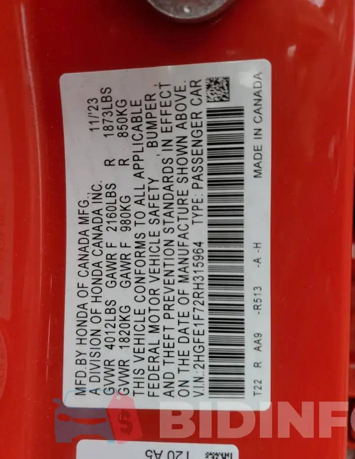 2HGFE1F72RH315964 Photo# 12
