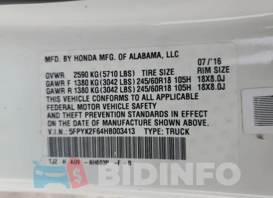 5FPYK2F64HB003413 Photo# 12
