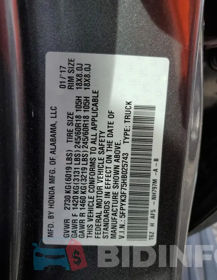 5FPYK3F75HB025743 Photo# 12