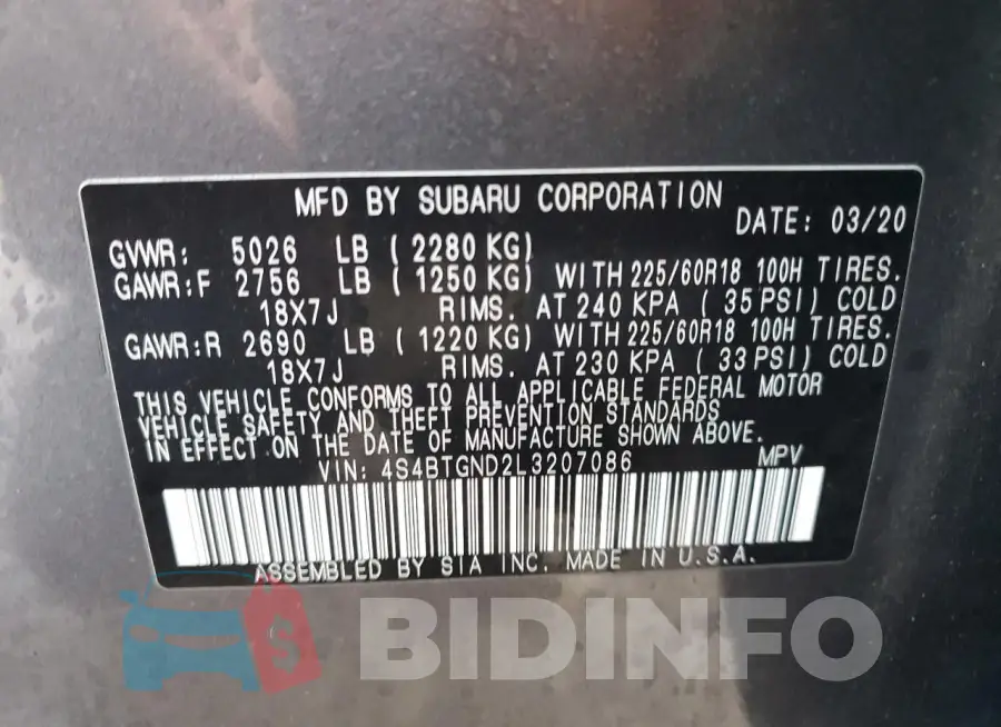 4S4BTGND2L3207086 Photo# 12