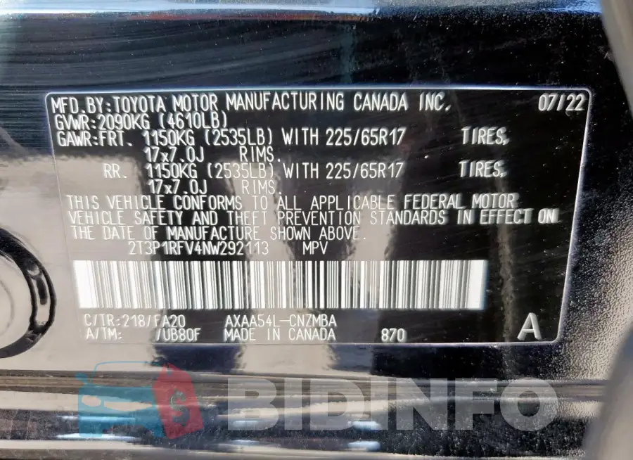 2T3P1RFV4NW292113 Photo# 14