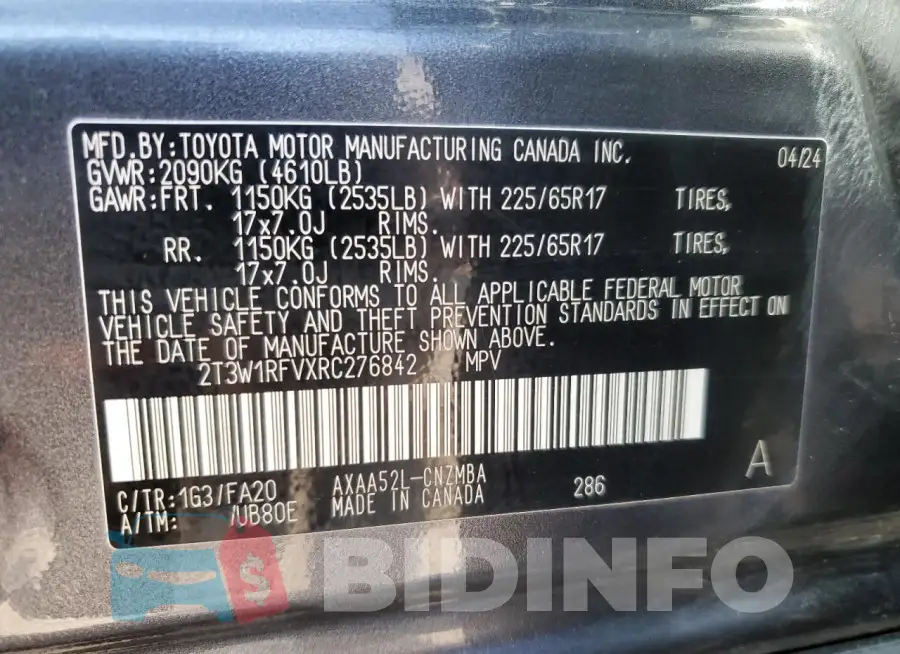 2T3W1RFVXRC276842 Photo# 13