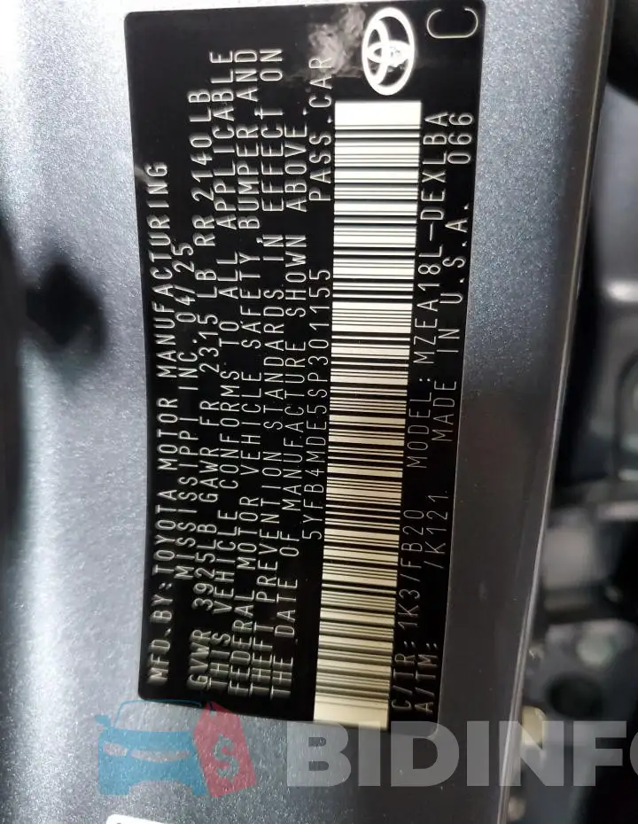 5YFB4MDE5SP301155 Photo# 12
