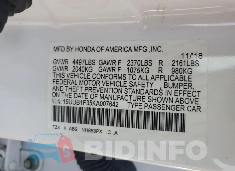 19UUB1F35KA007642 Photo# 13