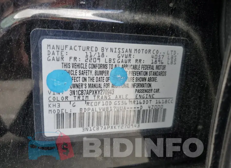 3N1CB7APXKY270943 Photo# 12