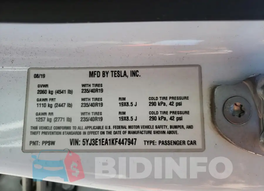 5YJ3E1EA1KF447947 Photo# 13