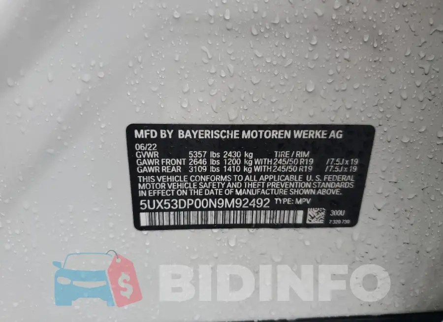 5UX53DP00N9M92492 Photo# 13